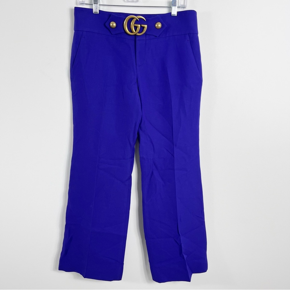 Gucci Cady Crepe GG Belt Buckle Wool Silk Trouser Size 42 NWT Violet Indigo